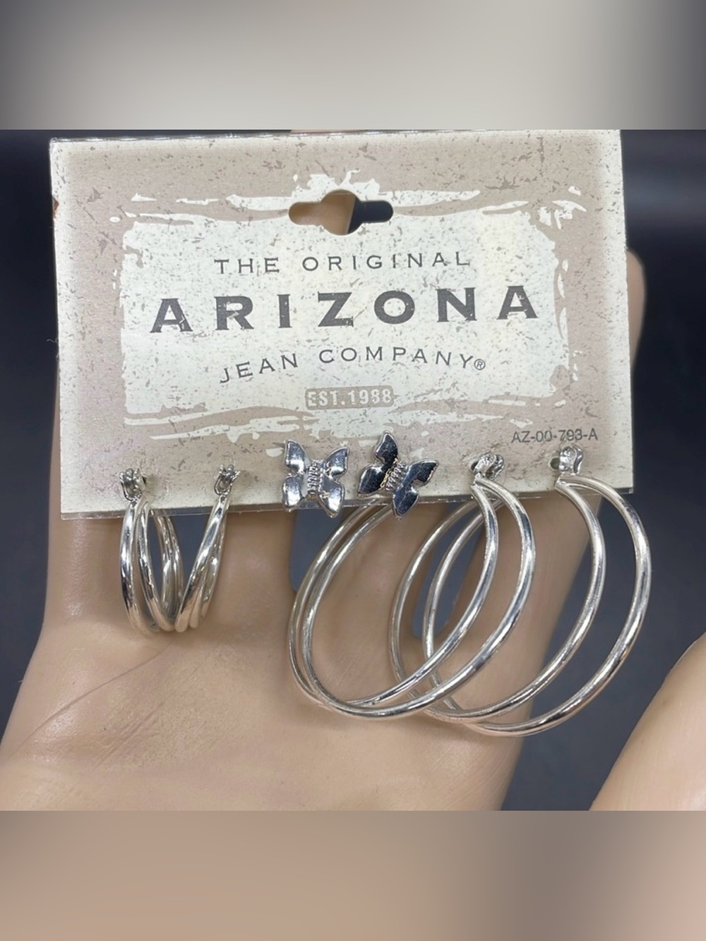 NWT Vintage y2k Arizona Jeans 3pc silver tone butterfly stud hoop earrings